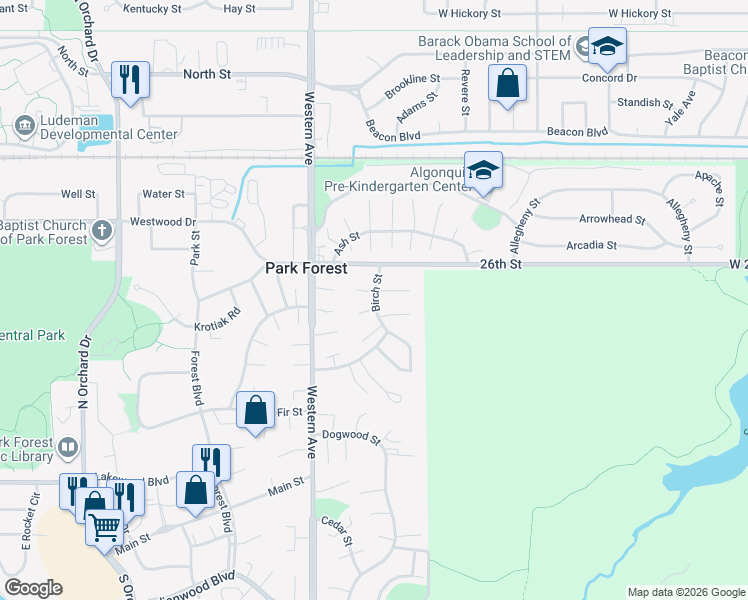 map of restaurants, bars, coffee shops, grocery stores, and more near 104 Birch Street in Park Forest