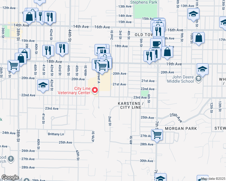 map of restaurants, bars, coffee shops, grocery stores, and more near 2140 2nd Street in Moline
