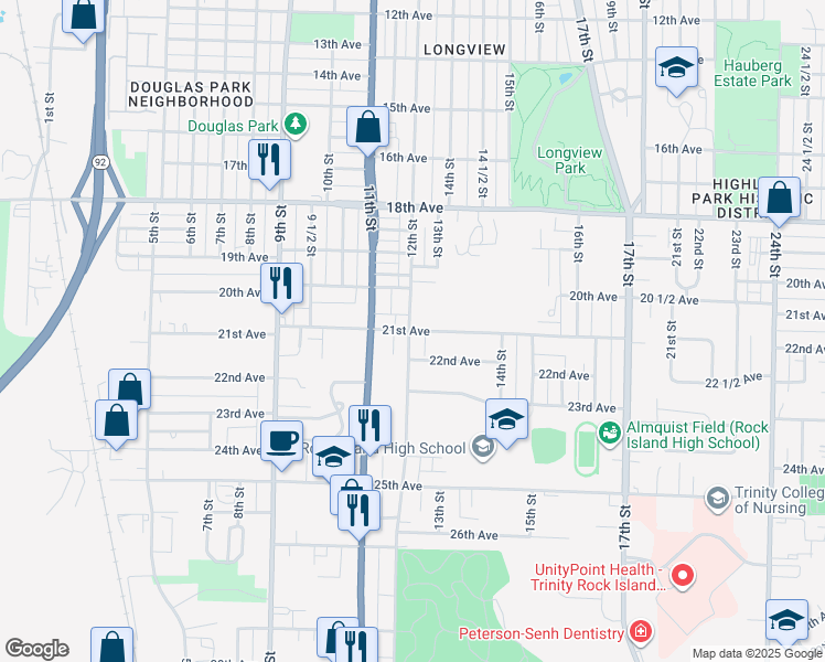 map of restaurants, bars, coffee shops, grocery stores, and more near 1218 21st Avenue in Rock Island