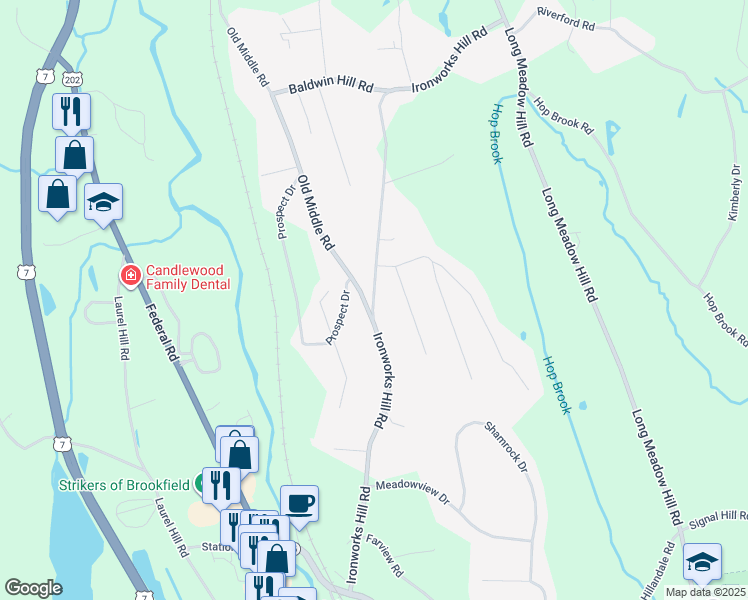 map of restaurants, bars, coffee shops, grocery stores, and more near 40 Ironworks Hill Road in Brookfield