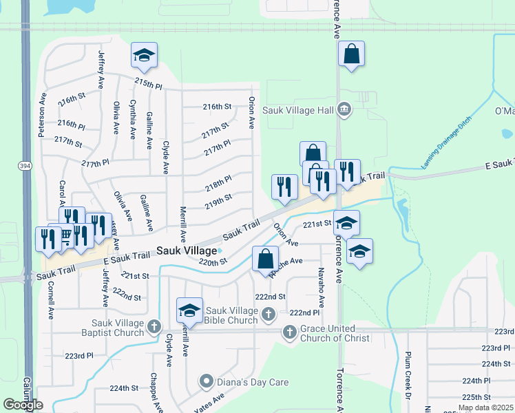 map of restaurants, bars, coffee shops, grocery stores, and more near 21921 Orion Avenue in Sauk Village