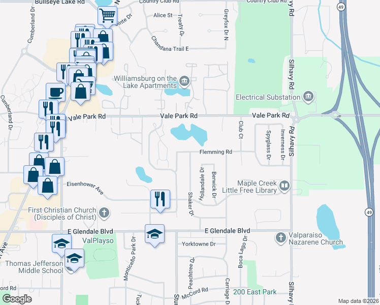 map of restaurants, bars, coffee shops, grocery stores, and more near 2499 Shaker Drive in Valparaiso