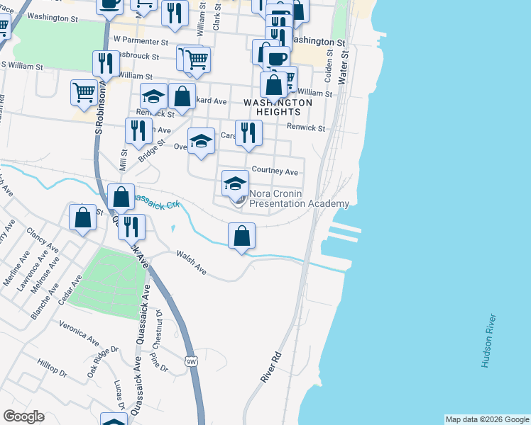 map of restaurants, bars, coffee shops, grocery stores, and more near 40 Bay View Terrace in Newburgh