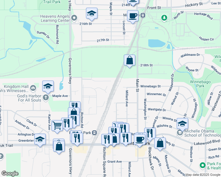 map of restaurants, bars, coffee shops, grocery stores, and more near 4096 Appleby Court in Richton Park
