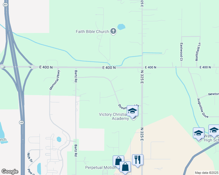 map of restaurants, bars, coffee shops, grocery stores, and more near 300 Streamwood Drive in Valparaiso