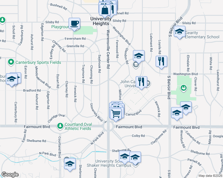map of restaurants, bars, coffee shops, grocery stores, and more near 2553 Warrensville Center Road in Cleveland