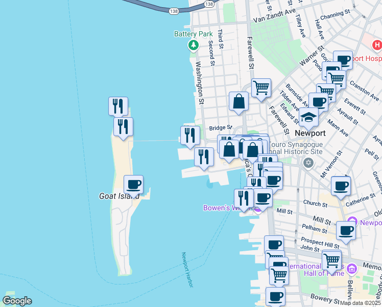 map of restaurants, bars, coffee shops, grocery stores, and more near 1 Washington Street in Newport