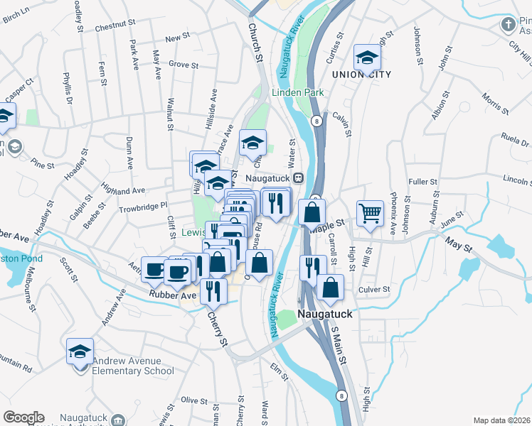 map of restaurants, bars, coffee shops, grocery stores, and more near in Naugatuck