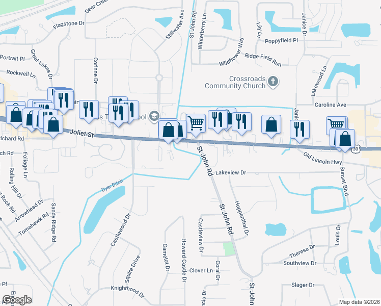 map of restaurants, bars, coffee shops, grocery stores, and more near 1594 Joliet Street in Dyer