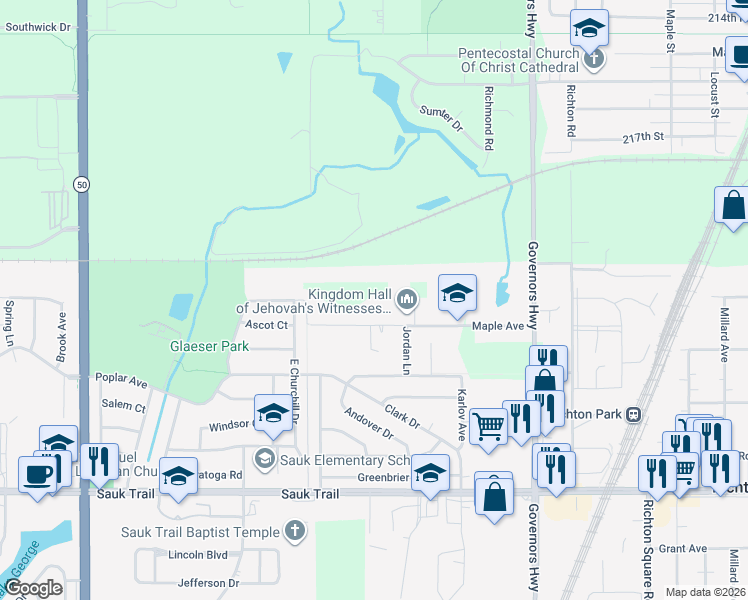 map of restaurants, bars, coffee shops, grocery stores, and more near 4440 Maple Avenue in Matteson