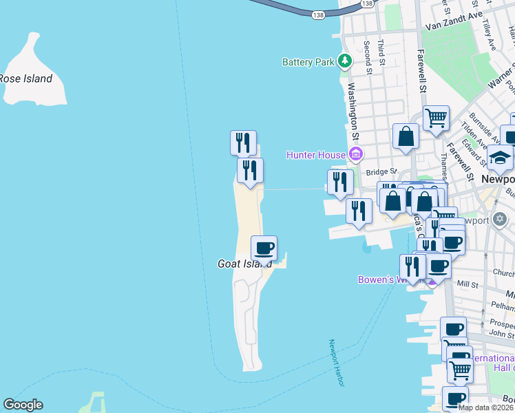 map of restaurants, bars, coffee shops, grocery stores, and more near Goat Island Road in Newport