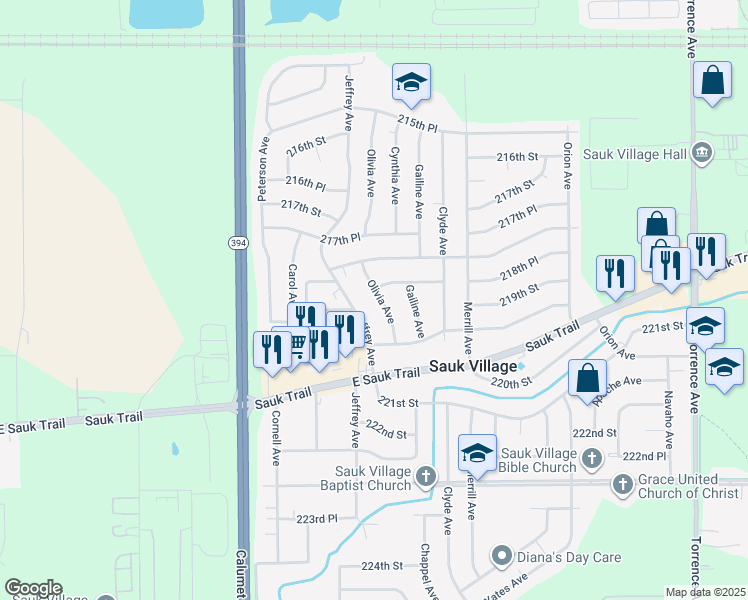 map of restaurants, bars, coffee shops, grocery stores, and more near 21840 Olivia Avenue in Sauk Village