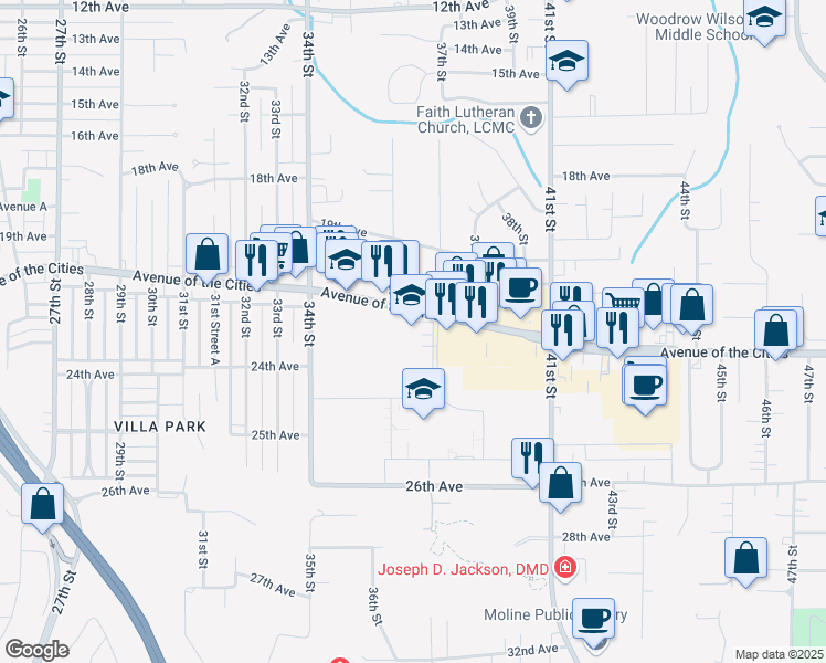 map of restaurants, bars, coffee shops, grocery stores, and more near 3530 Avenue Of The Cities in Moline