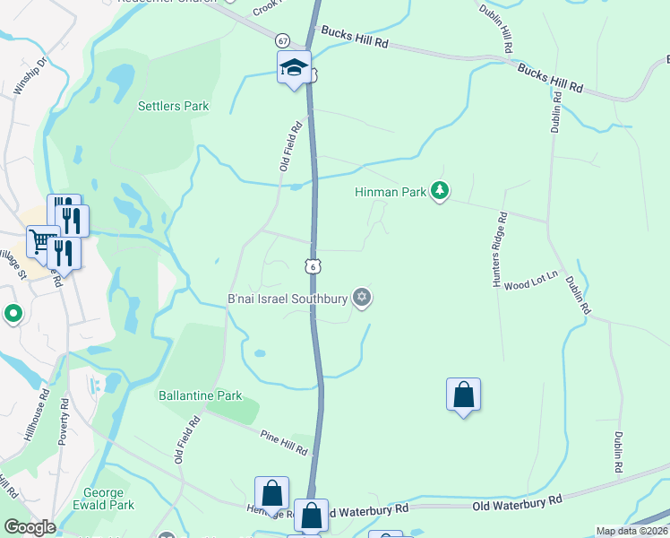 map of restaurants, bars, coffee shops, grocery stores, and more near 516 Main Street North in Southbury