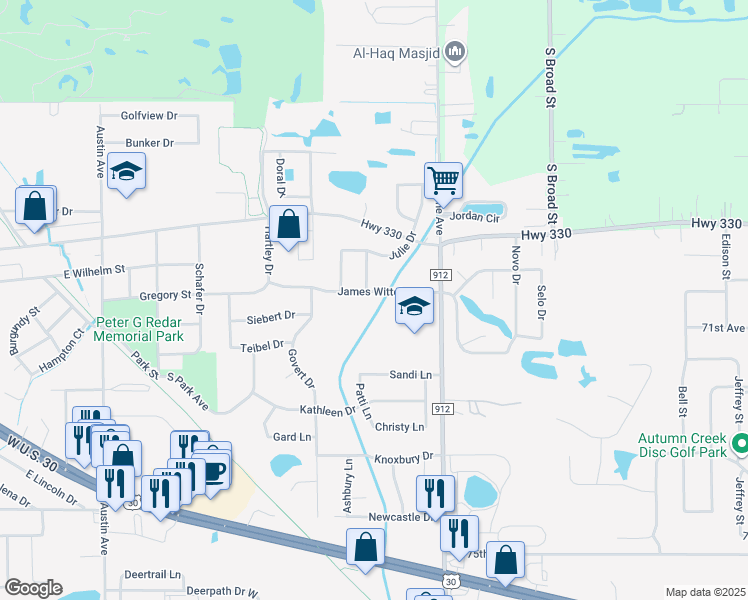 map of restaurants, bars, coffee shops, grocery stores, and more near 705 James Wittchen Drive in Schererville