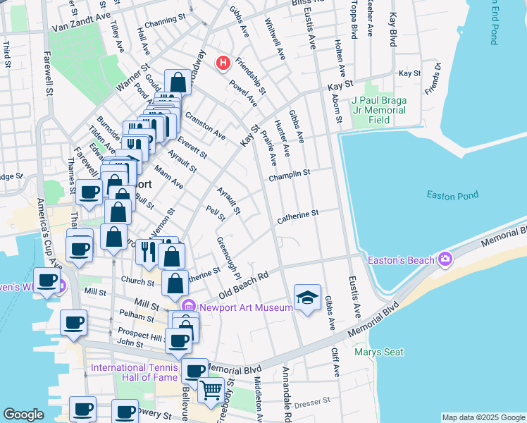 map of restaurants, bars, coffee shops, grocery stores, and more near 97 Rhode Island Avenue in Newport
