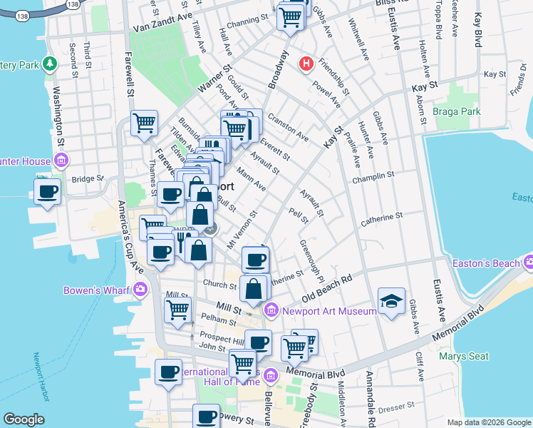 map of restaurants, bars, coffee shops, grocery stores, and more near 28 Kay Street in Newport