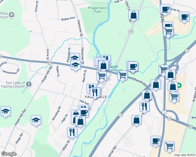 map of restaurants, bars, coffee shops, grocery stores, and more near 47 Chapel Street in Wallingford