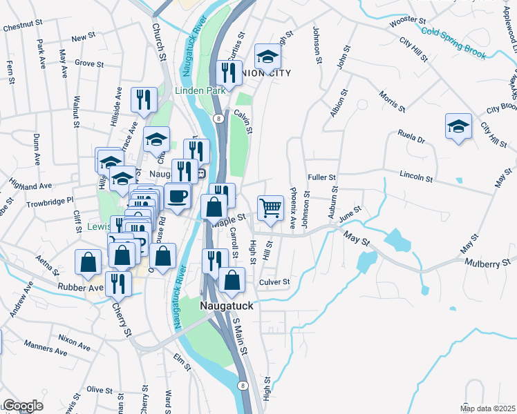 map of restaurants, bars, coffee shops, grocery stores, and more near 239 Maple Street in Naugatuck