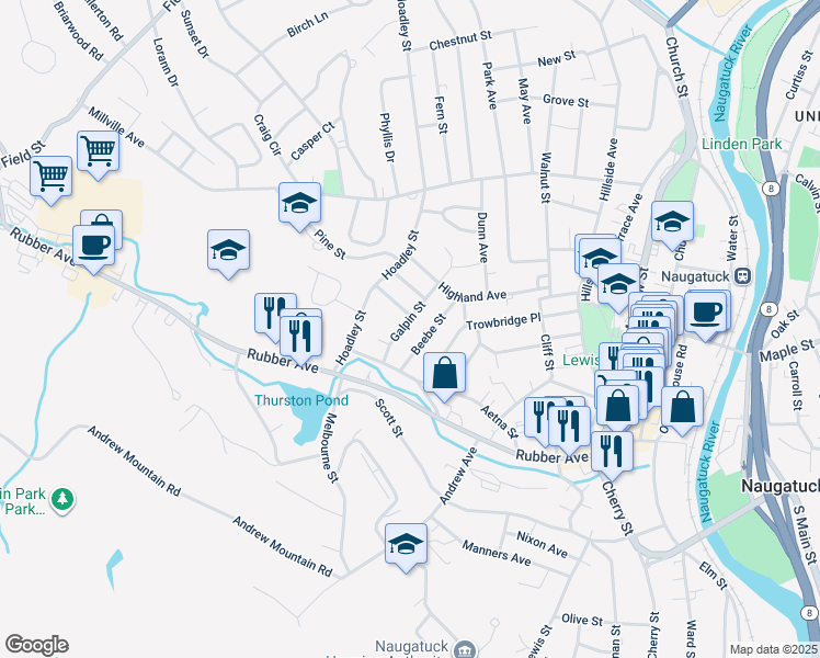 map of restaurants, bars, coffee shops, grocery stores, and more near 35 Beebe Street in Naugatuck