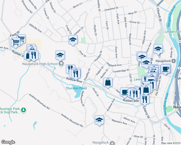 map of restaurants, bars, coffee shops, grocery stores, and more near 12 Galpin Street in Naugatuck