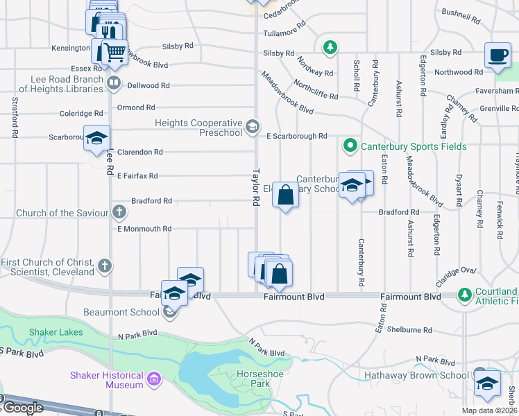 map of restaurants, bars, coffee shops, grocery stores, and more near 2556 South Taylor Road in Cleveland Heights