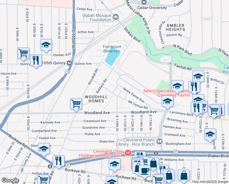 map of restaurants, bars, coffee shops, grocery stores, and more near E110 Mount Carmel Road in Cleveland