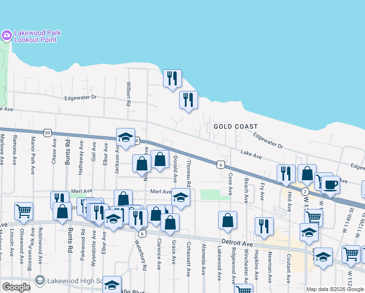 map of restaurants, bars, coffee shops, grocery stores, and more near 12925 Clifton Boulevard in Lakewood
