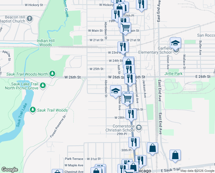 map of restaurants, bars, coffee shops, grocery stores, and more near 139 West 27th Street in South Chicago Heights