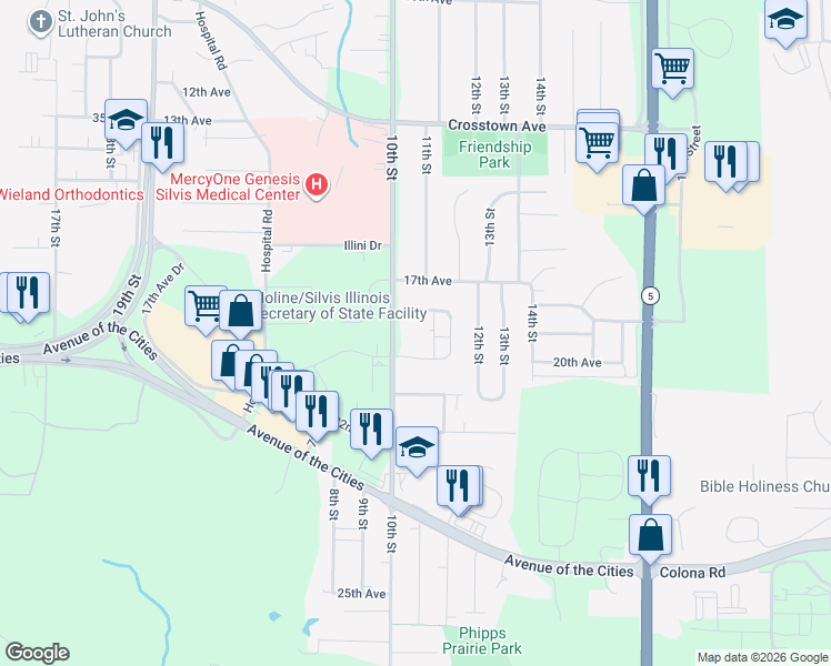 map of restaurants, bars, coffee shops, grocery stores, and more near 1902 11th Street in Silvis
