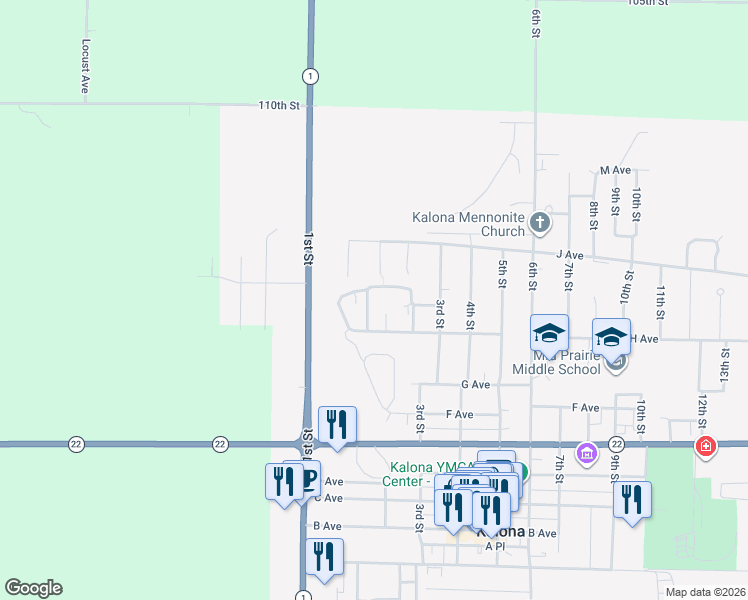 map of restaurants, bars, coffee shops, grocery stores, and more near 504 Pleasantview Circle in Kalona