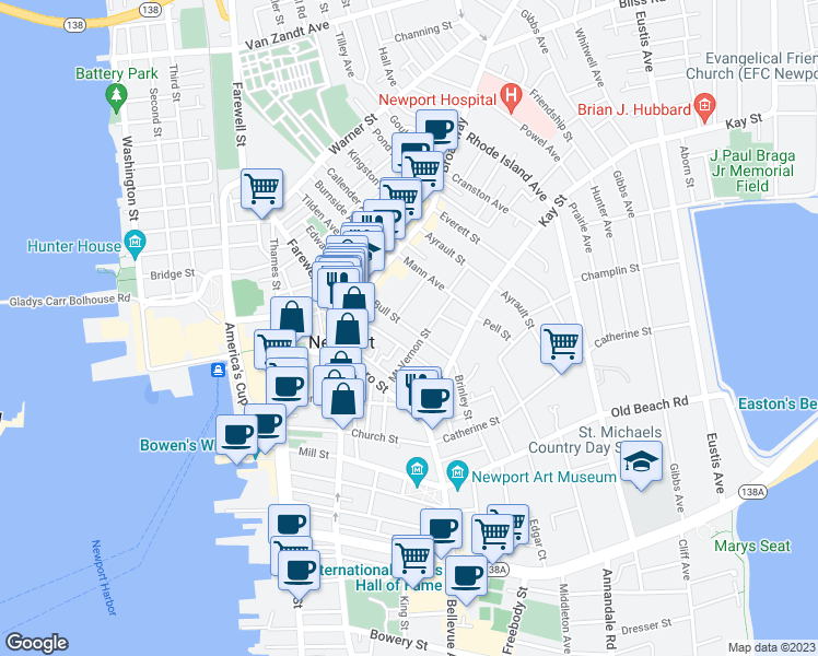 map of restaurants, bars, coffee shops, grocery stores, and more near 24 Bull Street in Newport