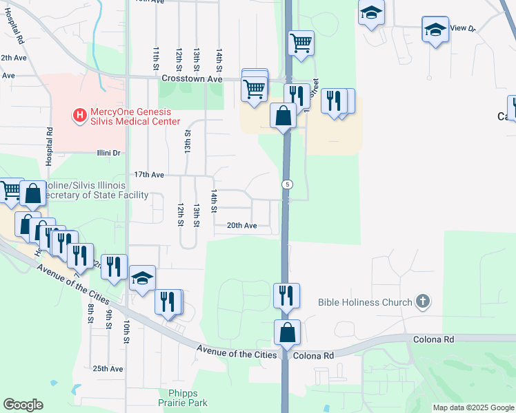 map of restaurants, bars, coffee shops, grocery stores, and more near 1429 20th Avenue in Silvis