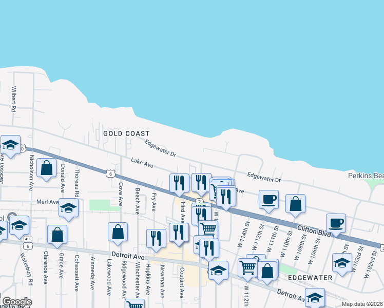 map of restaurants, bars, coffee shops, grocery stores, and more near 2 Edgewater Square in Lakewood
