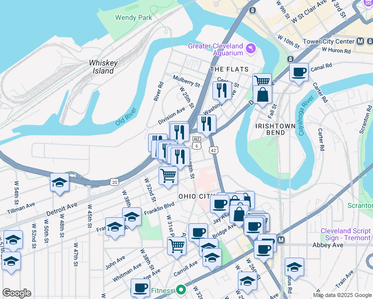 map of restaurants, bars, coffee shops, grocery stores, and more near Detroit Ave & W 28th St in Cleveland