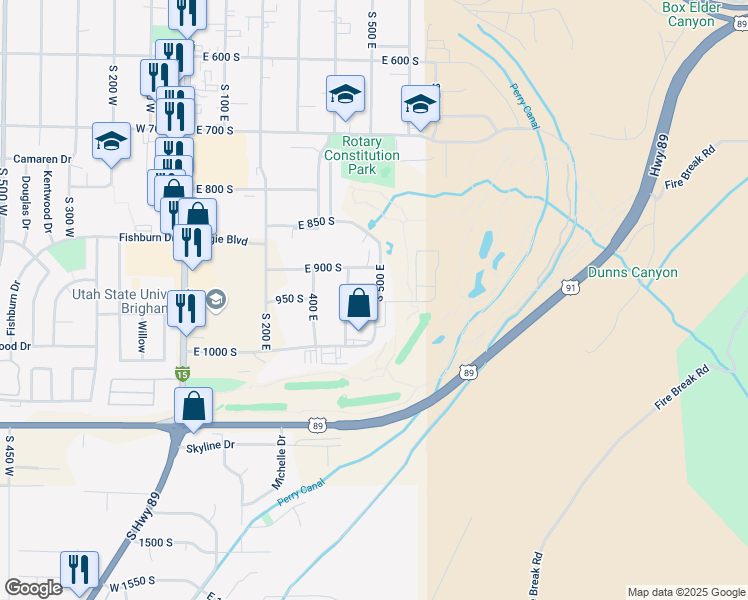 map of restaurants, bars, coffee shops, grocery stores, and more near 510 East 950 South in Brigham City