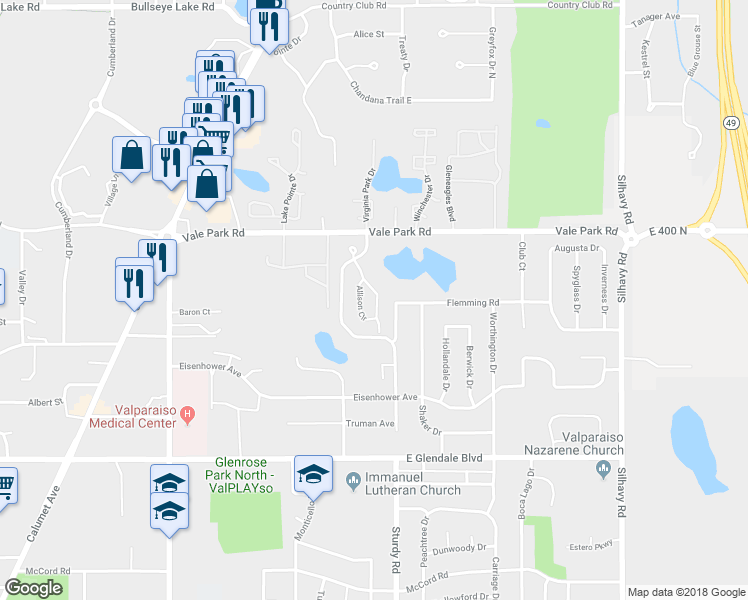 map of restaurants, bars, coffee shops, grocery stores, and more near 2437 Allison Circle in Valparaiso