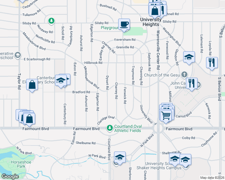 map of restaurants, bars, coffee shops, grocery stores, and more near 2553 Dysart Road in University Heights