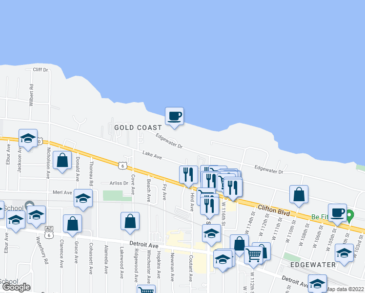 map of restaurants, bars, coffee shops, grocery stores, and more near  in Lakewood