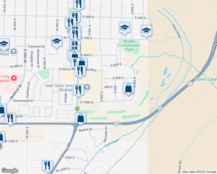 map of restaurants, bars, coffee shops, grocery stores, and more near 950 South in Brigham City