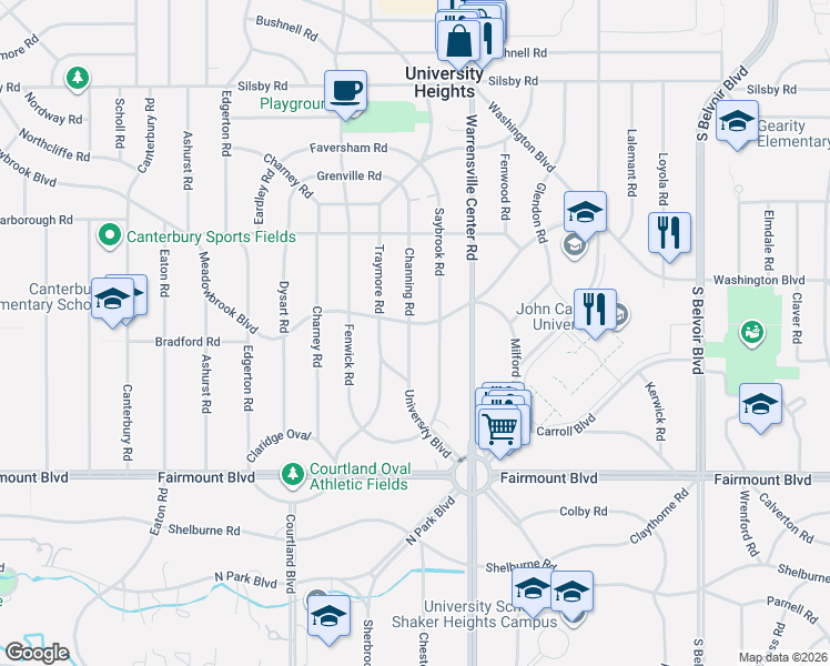 map of restaurants, bars, coffee shops, grocery stores, and more near 2555 Channing Road in University Heights
