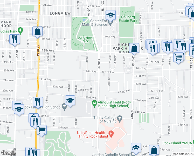 map of restaurants, bars, coffee shops, grocery stores, and more near 2012 17th Street in Rock Island