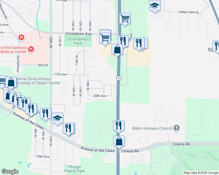 map of restaurants, bars, coffee shops, grocery stores, and more near 1907 16th Street in Silvis