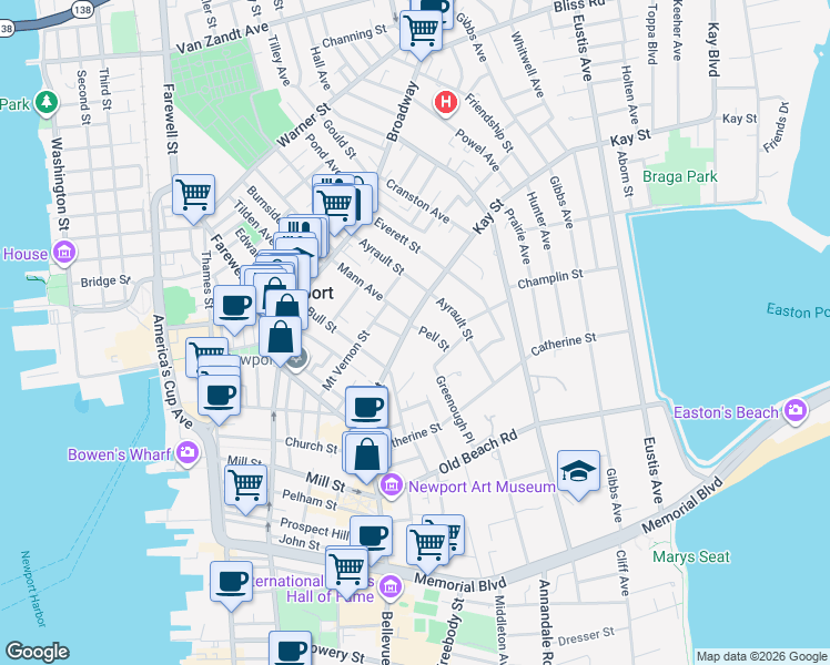 map of restaurants, bars, coffee shops, grocery stores, and more near 16 Greenough Place in Newport