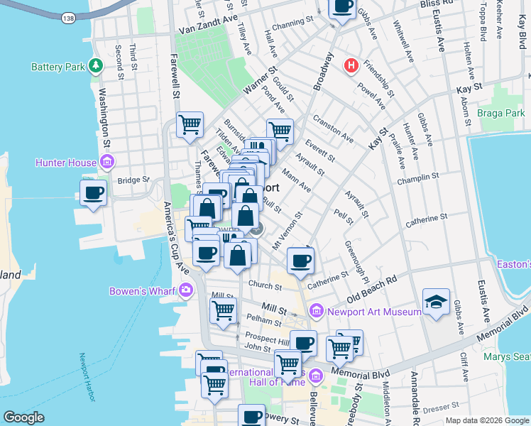 map of restaurants, bars, coffee shops, grocery stores, and more near 3 Russo Court in Newport