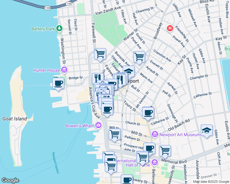 map of restaurants, bars, coffee shops, grocery stores, and more near 29 Touro Street in Newport