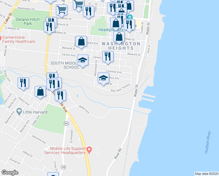 map of restaurants, bars, coffee shops, grocery stores, and more near 60 Bay View Terrace in Newburgh