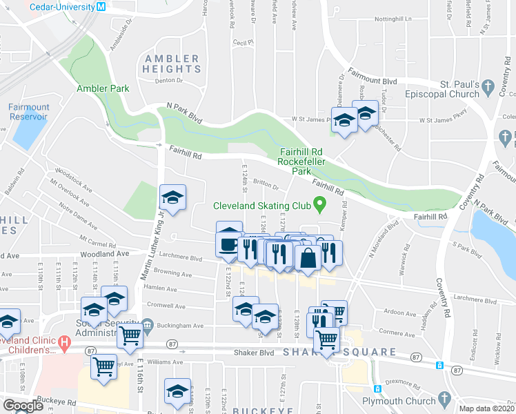 map of restaurants, bars, coffee shops, grocery stores, and more near 2512 East 126th Street in Cleveland