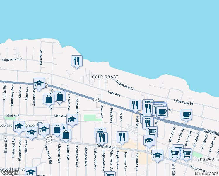 map of restaurants, bars, coffee shops, grocery stores, and more near 12037 Lake Avenue in Lakewood