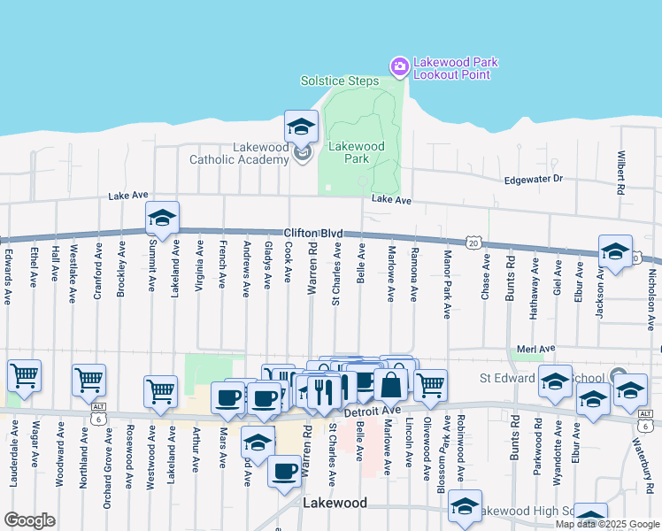 map of restaurants, bars, coffee shops, grocery stores, and more near 1229 Saint Charles Avenue in Lakewood